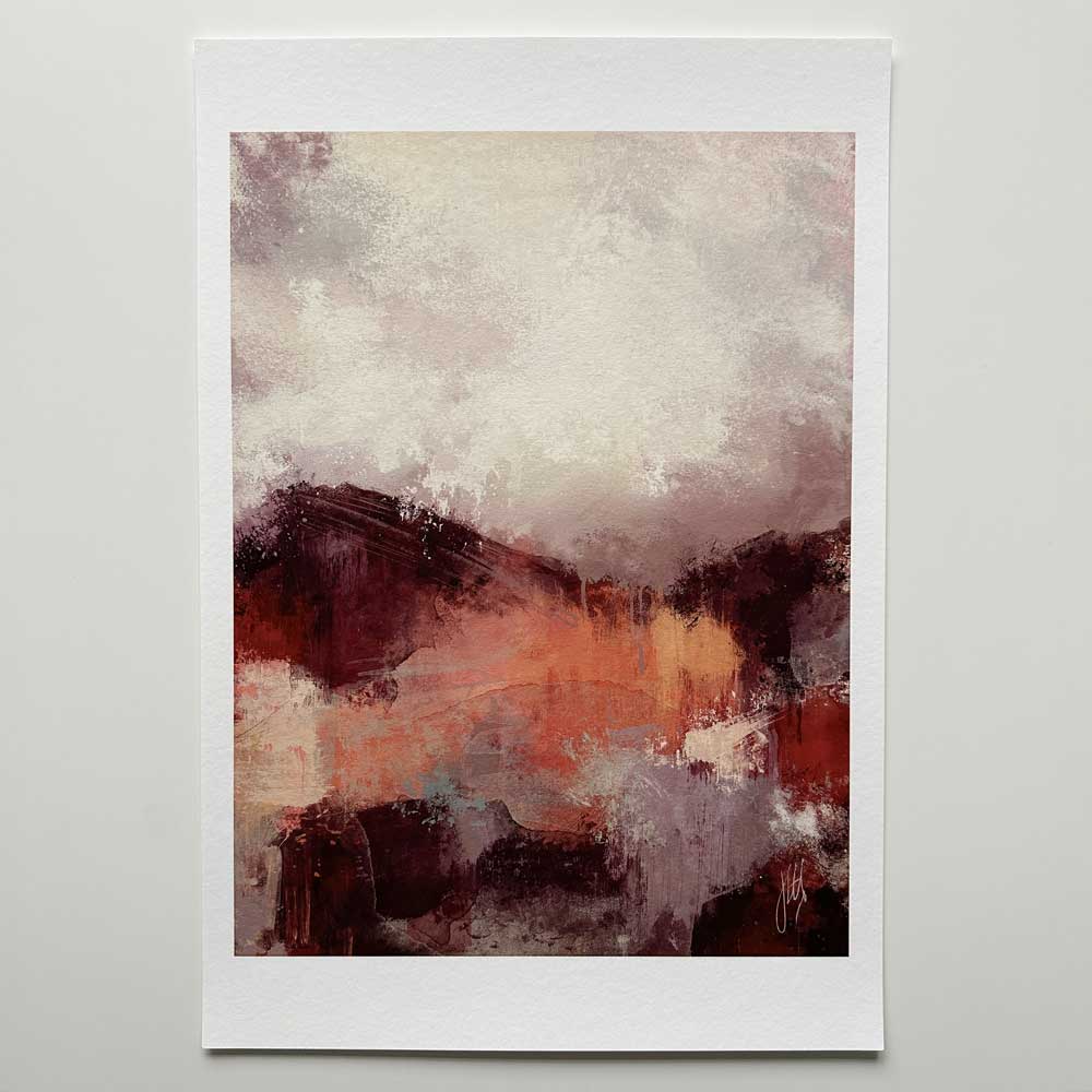 Burgundy, orange & purple semi-abstract landscape fine art print - A Break In The Clouds by Jayne Leighton Herd