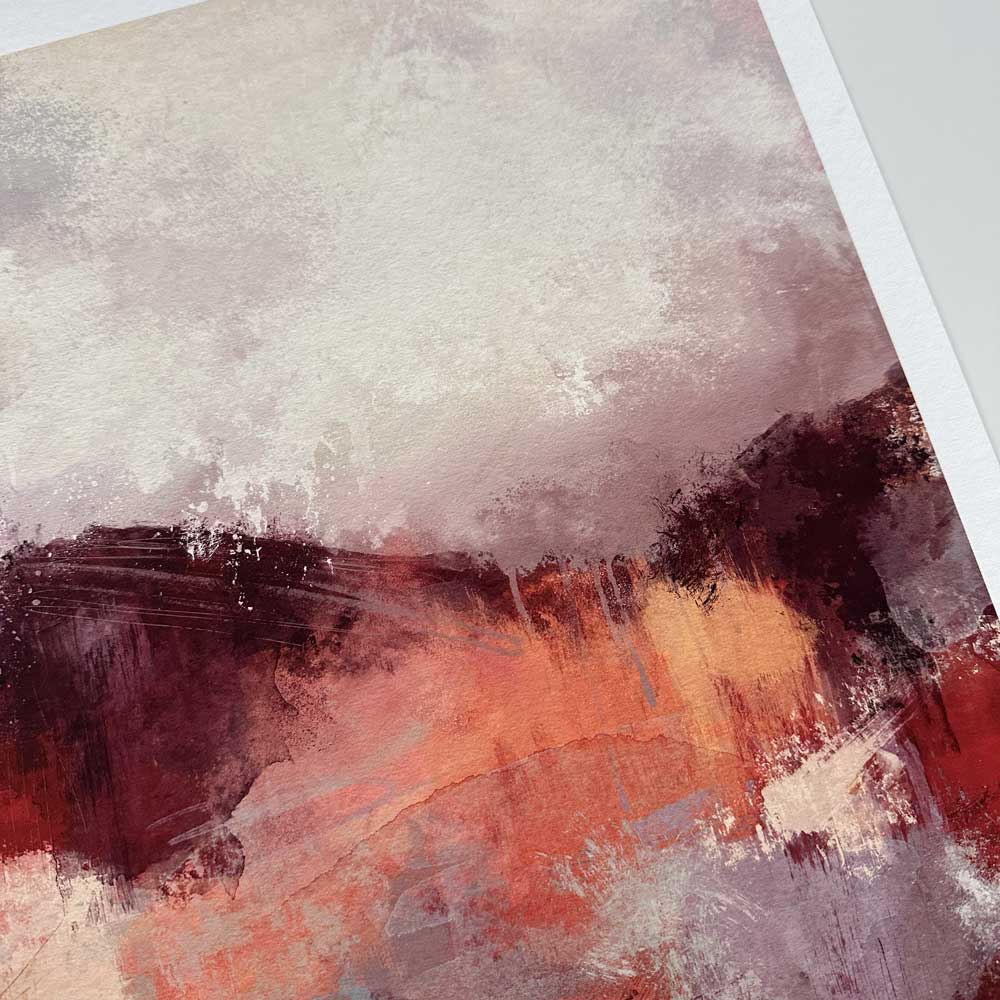 Burgundy, orange & purple semi-abstract landscape fine art print - A Break In The Clouds by Jayne Leighton Herd