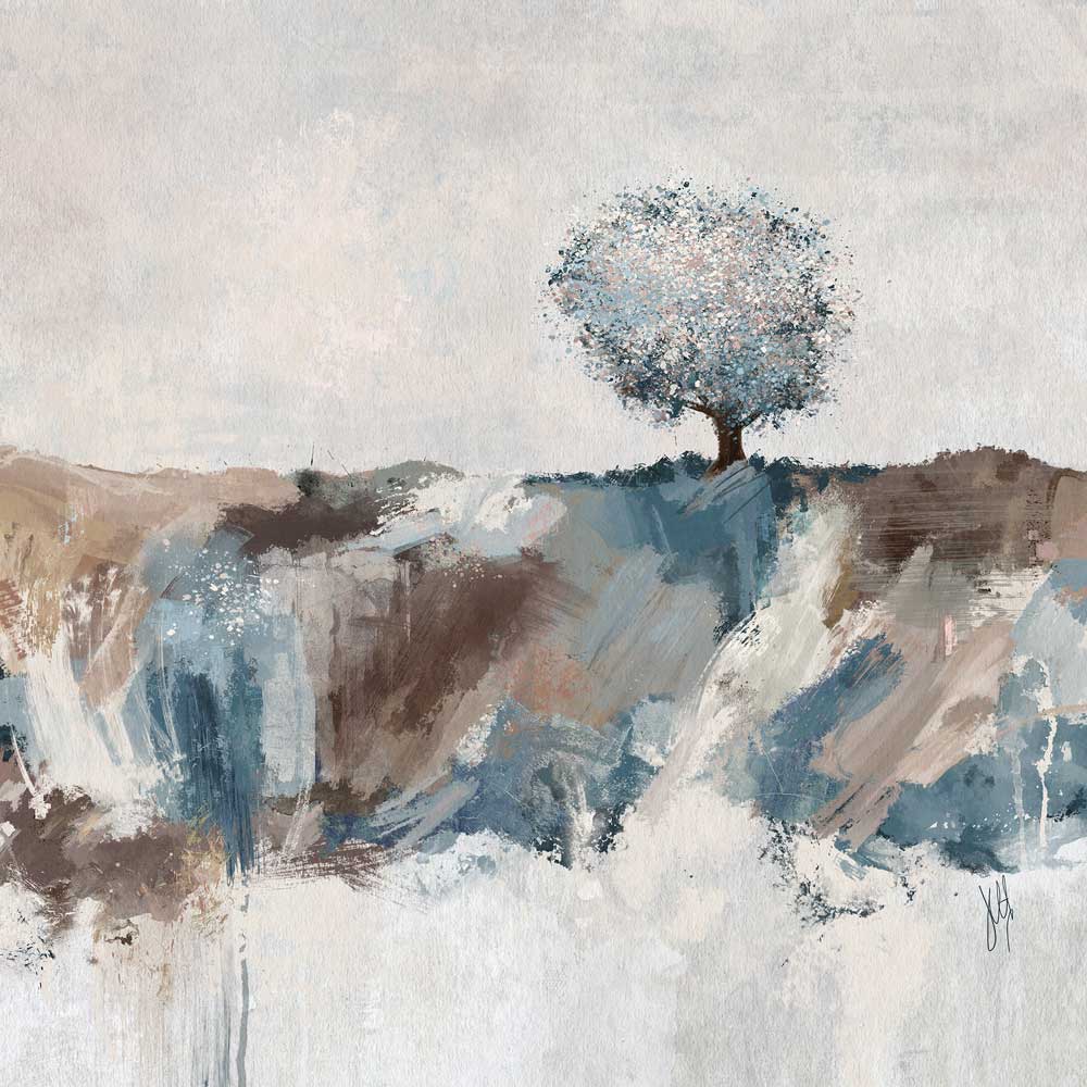 Blue & mocha mousse landscape painting - beautiful tree art - A Climb to the Top by Jayne Leighton Herd