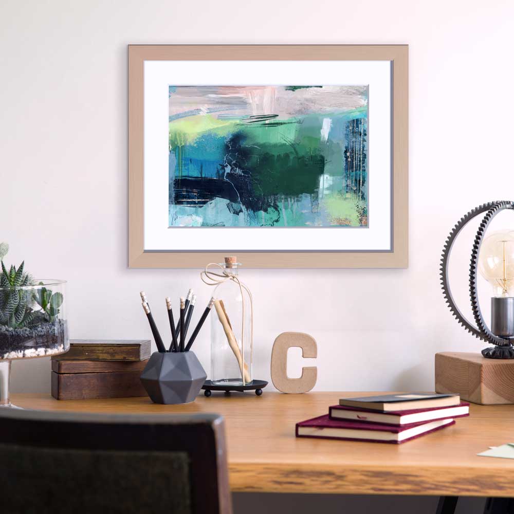 A River Runs Through It green abstract landscape art print by Jayne Leighton Herd. Green and blue artwork to bring a feel of Scottish hills to a wall in abstract form.