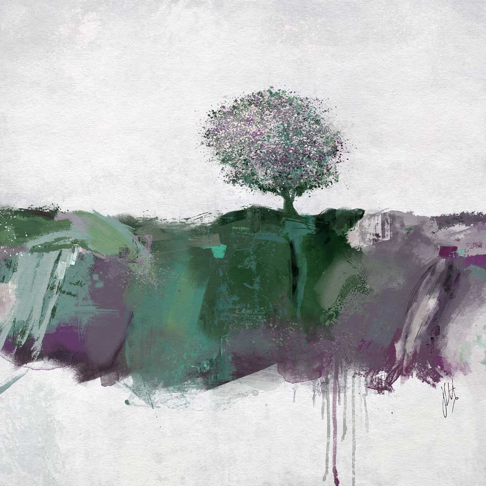 Purple & green landscape painting - beautiful blossom tree art - Emerald Journey by Jayne Leighton Herd