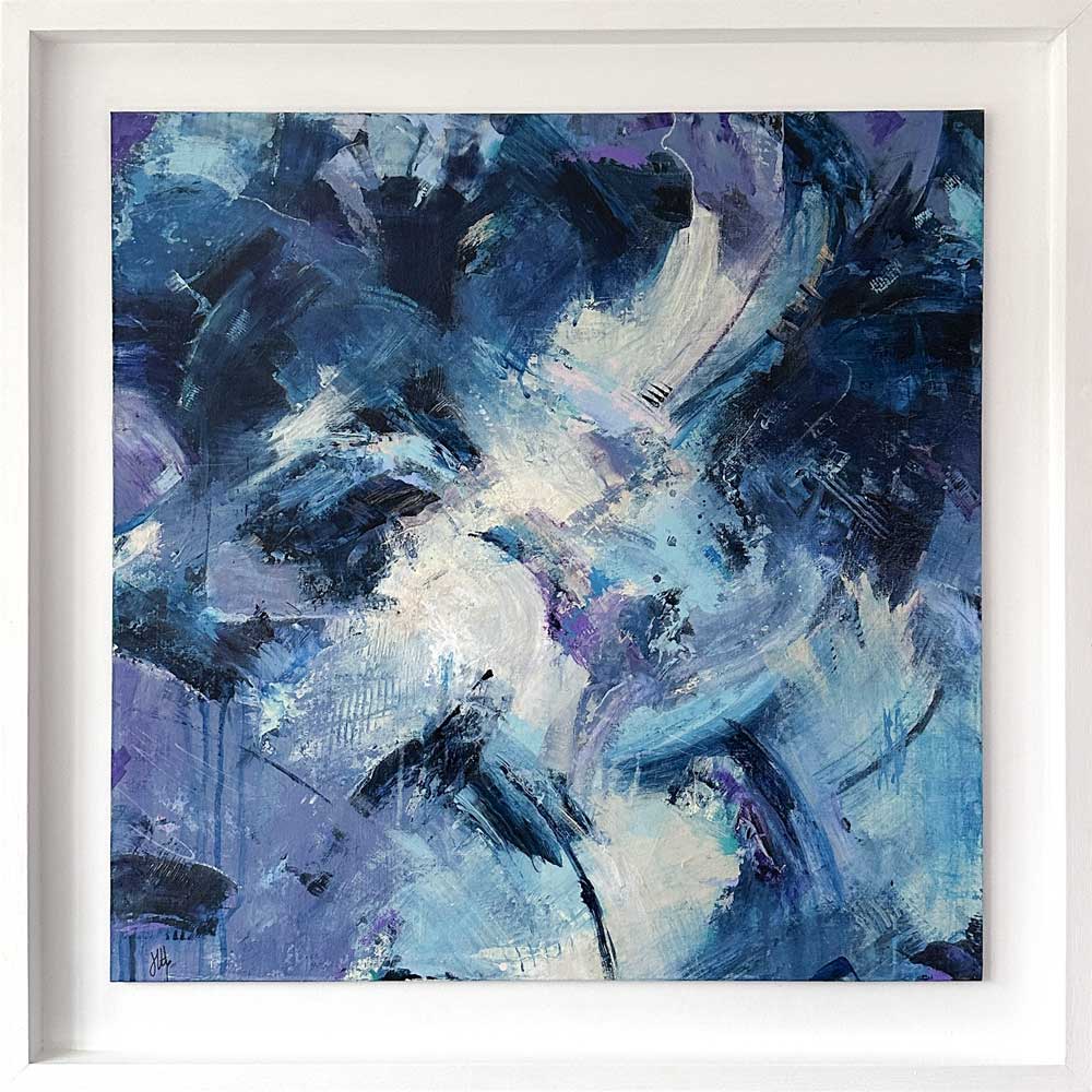 Large square framed blue abstract painting - The Unexpected Happened by Jayne Leighton Herd
