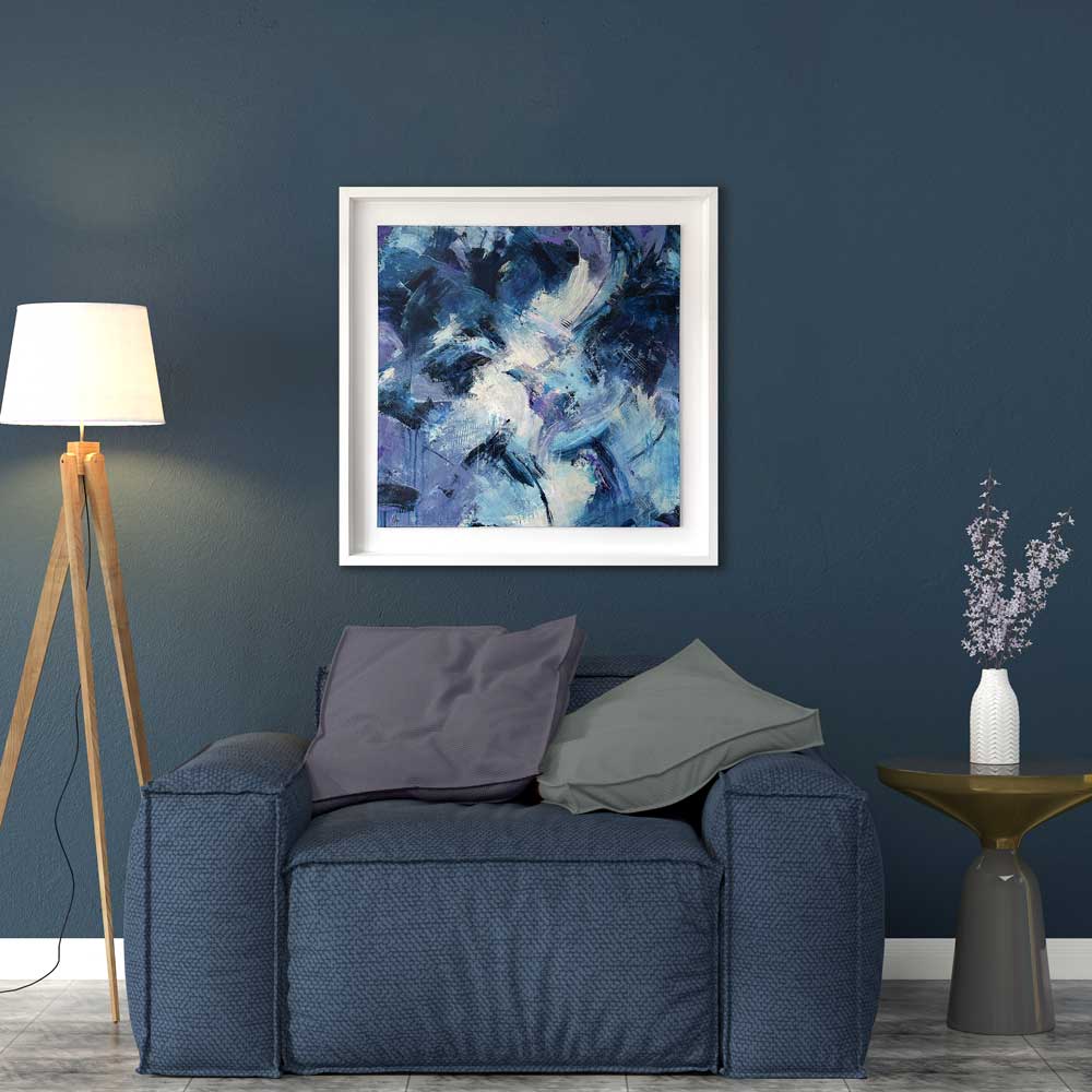 Large square blue abstract painting - The Unexpected Happened by Jayne Leighton Herd. Beautiful art for living & dining rooms.