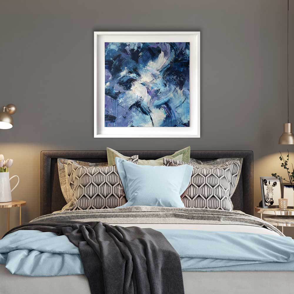 Large square blue abstract painting - The Unexpected Happened by Jayne Leighton Herd. Perfect art for bedrooms.