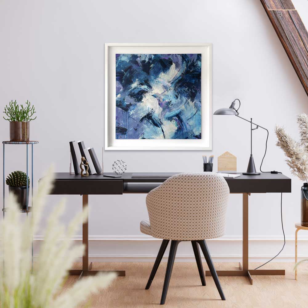 Large square blue abstract painting - The Unexpected Happened by Jayne Leighton Herd. Beautiful art for home workspaces & offices.
