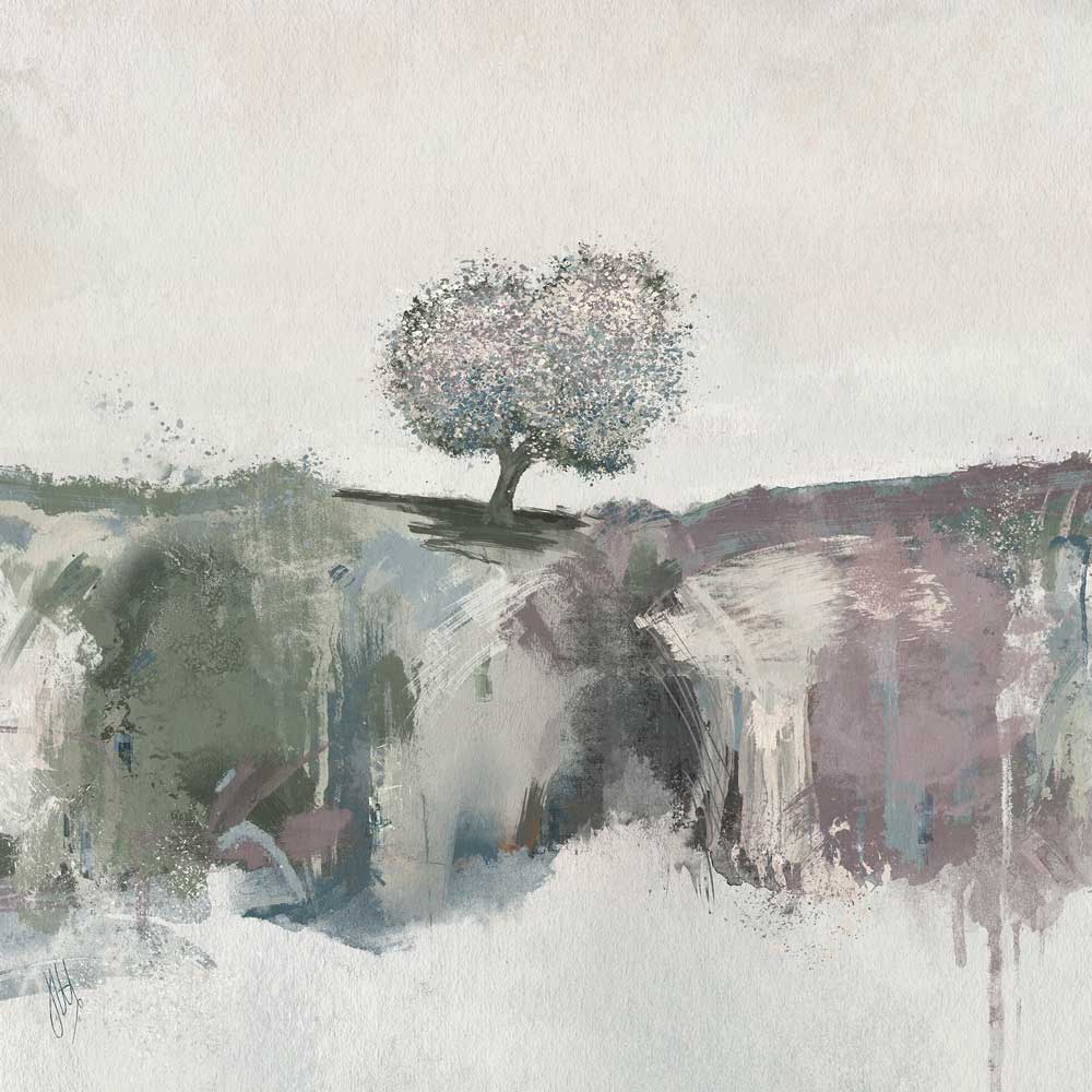 Muted pink & green landscape painting - serene blossom tree art - Finding Peace by Jayne Leighton Herd