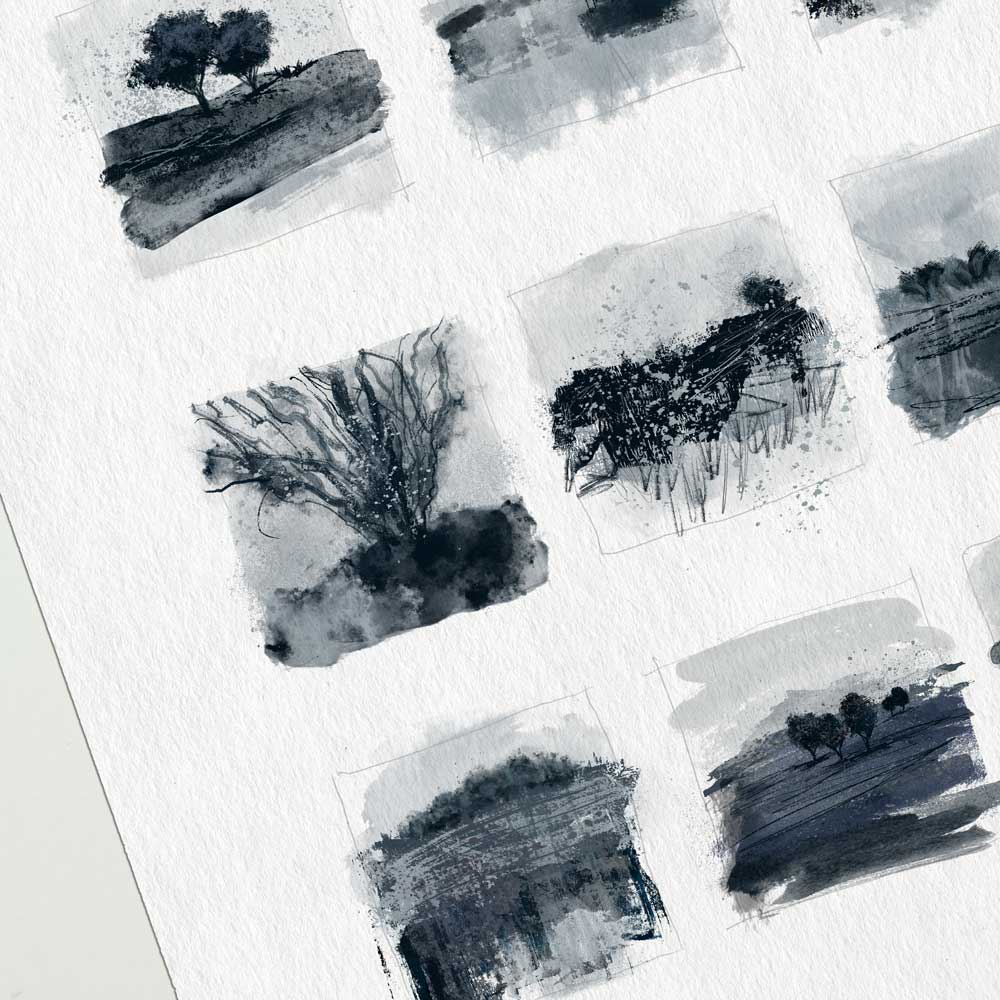 Fine art print from a dark blue-grey monochrome original painting comprising 28 landscape and tree drawings and studies - Little Trees II by Jayne Leighton Herd.