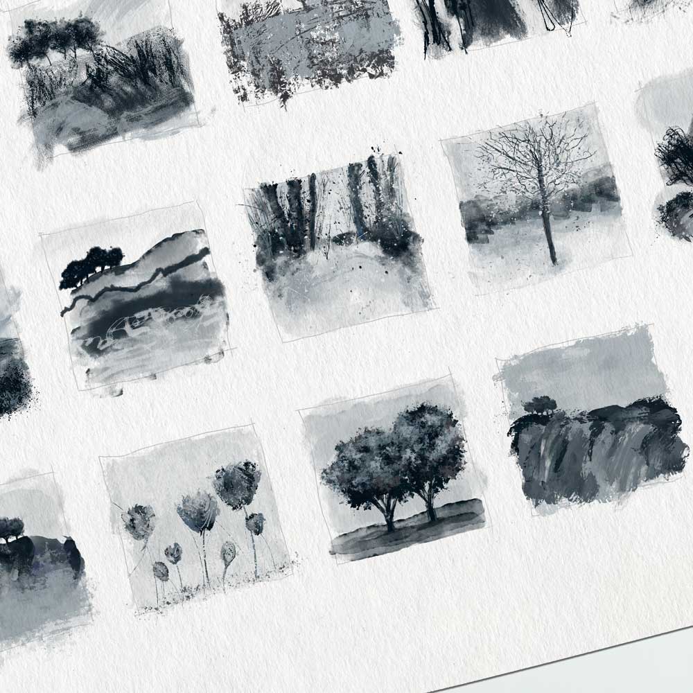 Fine art print from a dark blue-grey monochrome original painting comprising 28 landscape and tree drawings and studies - Little Trees II by Jayne Leighton Herd.