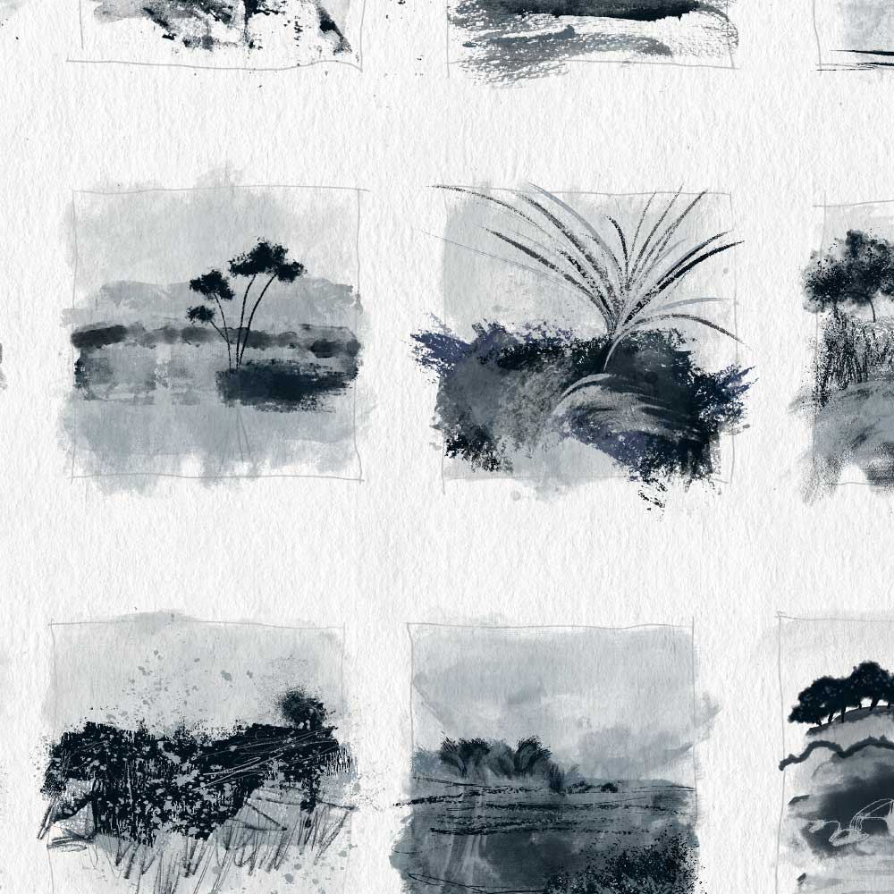 Fine art print from a dark blue-grey monochrome original painting comprising 28 landscape and tree drawings and studies - Little Trees II by Jayne Leighton Herd.