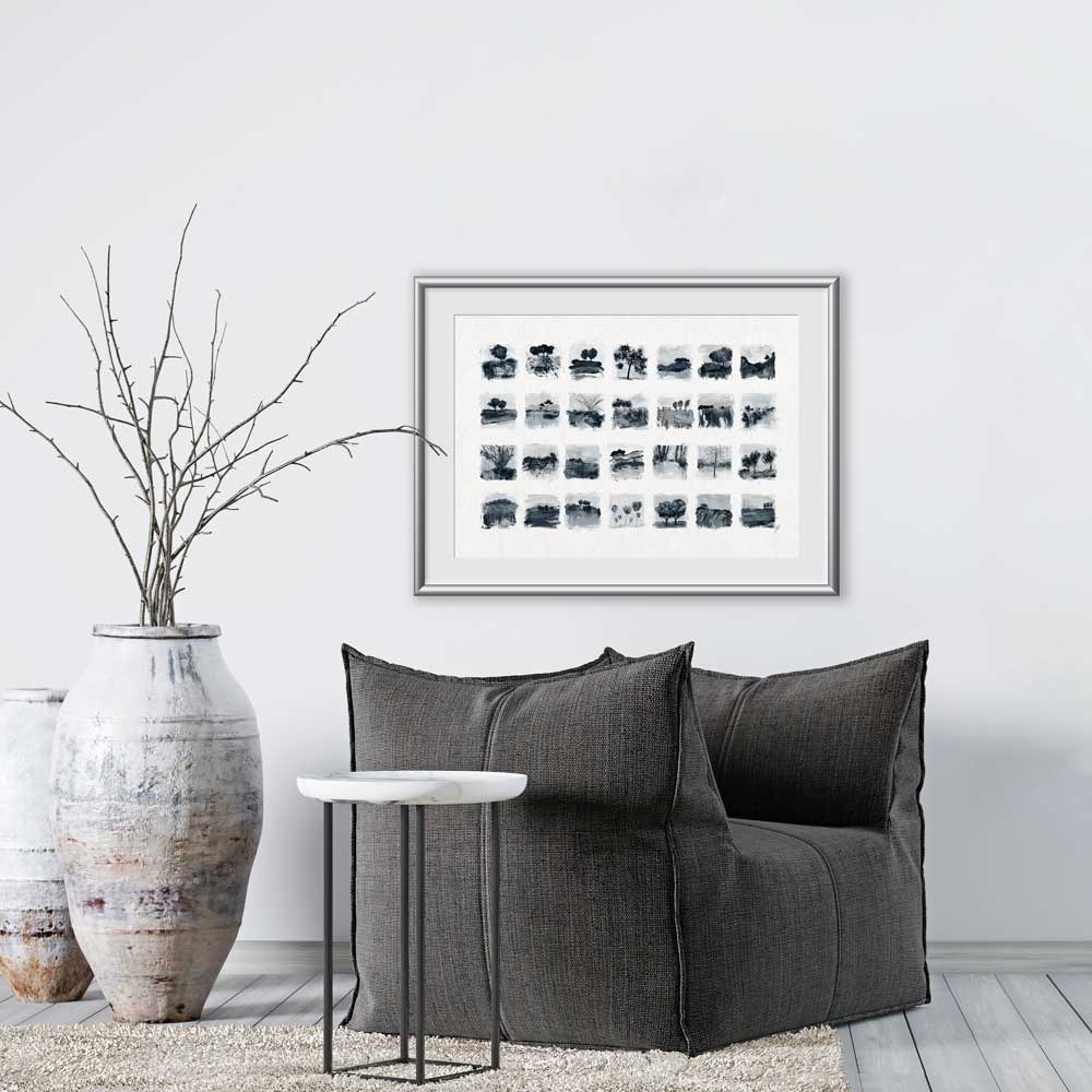 Little Trees II fine art print - dark blue-grey monochrome tree and landscape studies and sketches by Jayne Leighton Herd. Perfect wall art for living spaces.
