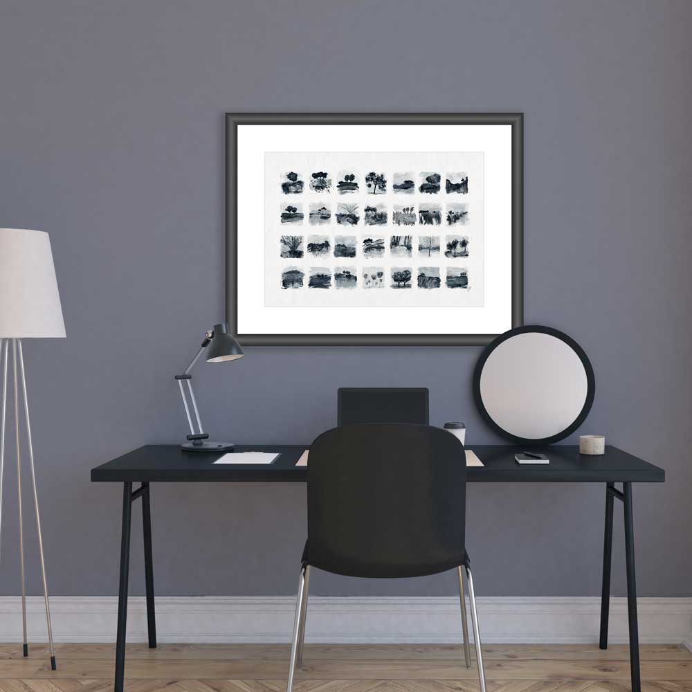 Little Trees II fine art print - dark blue-grey monochrome tree and landscape studies and sketches by Jayne Leighton Herd. Perfect wall art for offices and workspaces.