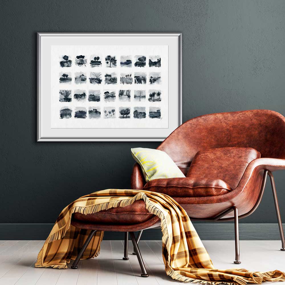 Little Trees II fine art print - dark blue-grey monochrome tree and landscape studies and sketches by Jayne Leighton Herd. Perfect wall art for living spaces.