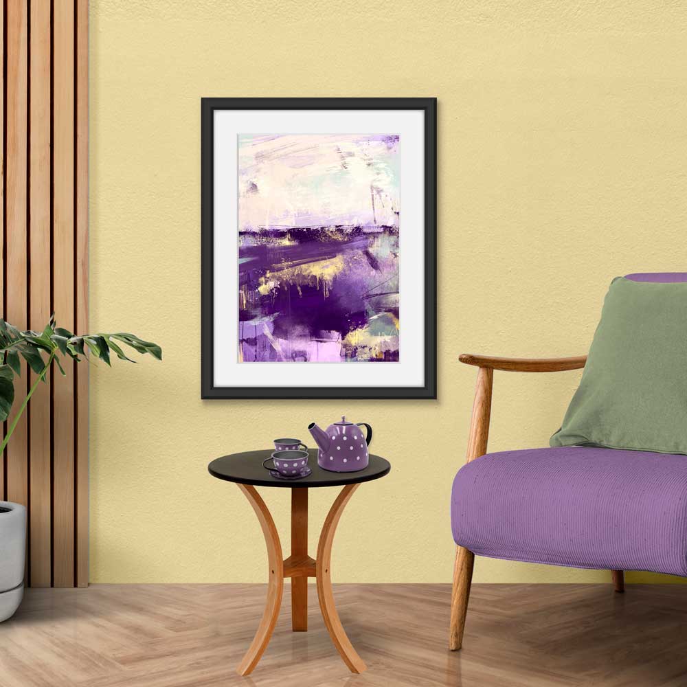 Morning Gold original abstract landscape painting by Jayne Leighton Herd. Lilac, purple & yellow abstract landscape artwork. Beautiful art for living rooms, homes and offices.