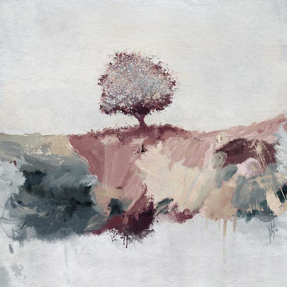 Red, pink & green landscape painting - serene blossom tree art - Morning Melody by Jayne Leighton Herd