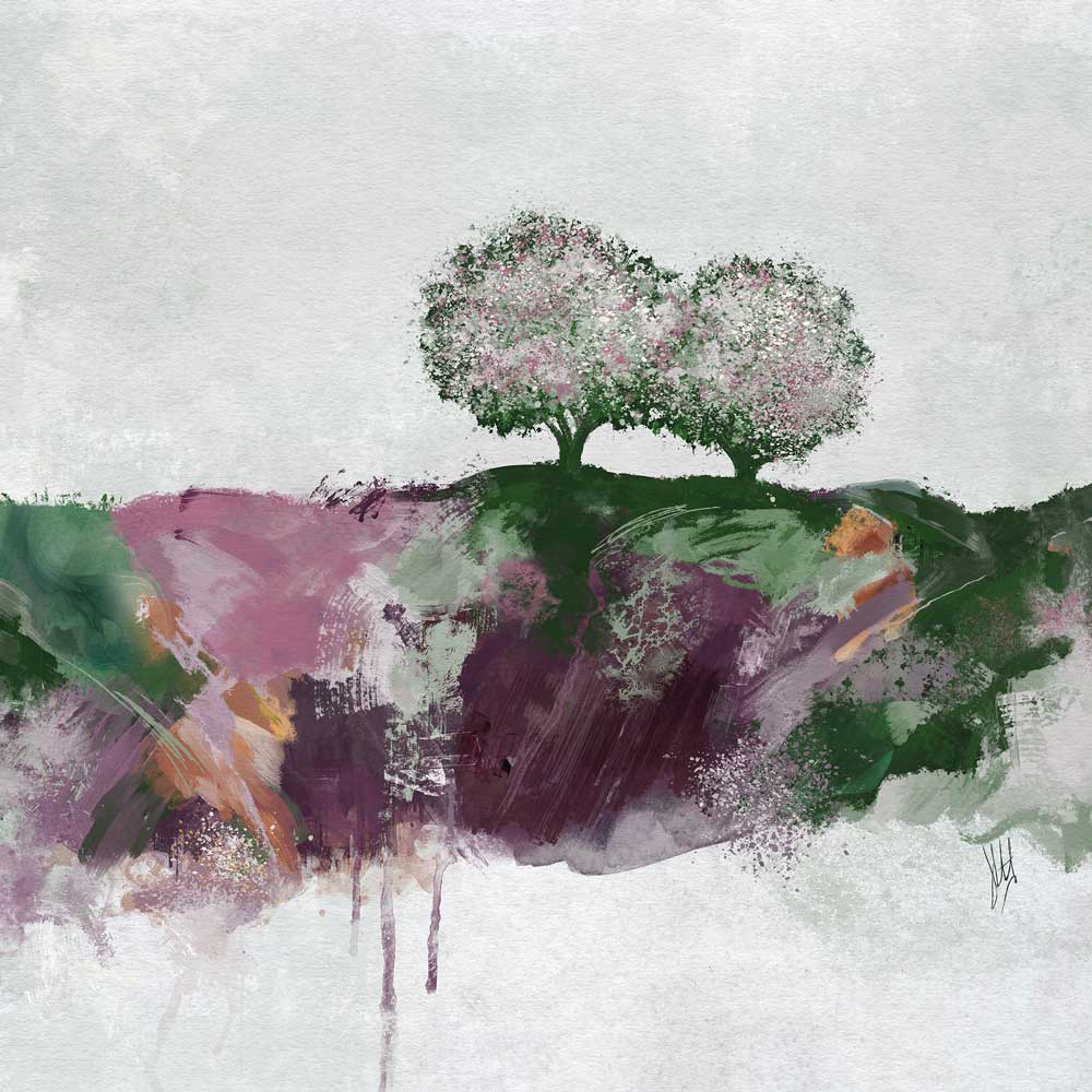 Plum purple, pink & green landscape painting - serene blossom trees art - Poetic Dancing by Jayne Leighton Herd