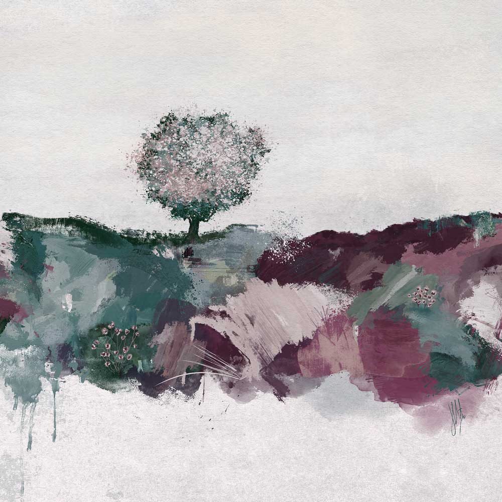 Plum purple, pink & green landscape painting - serene blossom tree art - Scenic Reverie by Jayne Leighton Herd