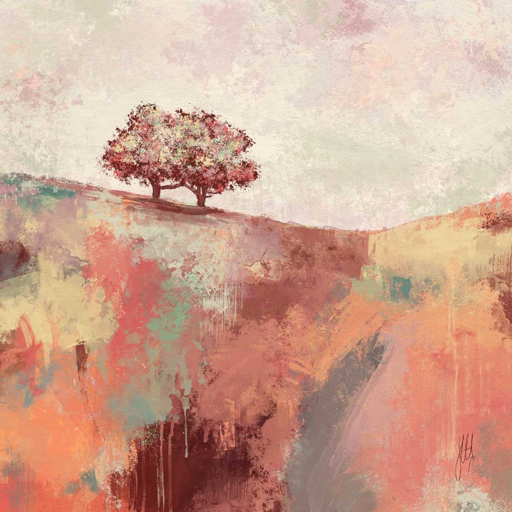 Spring Dance I - orange square semi-abstract landscape fine art print by Jayne Leighton Herd.