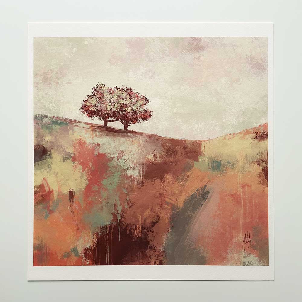 Spring Dance I - orange square semi-abstract landscape fine art print by Jayne Leighton Herd.