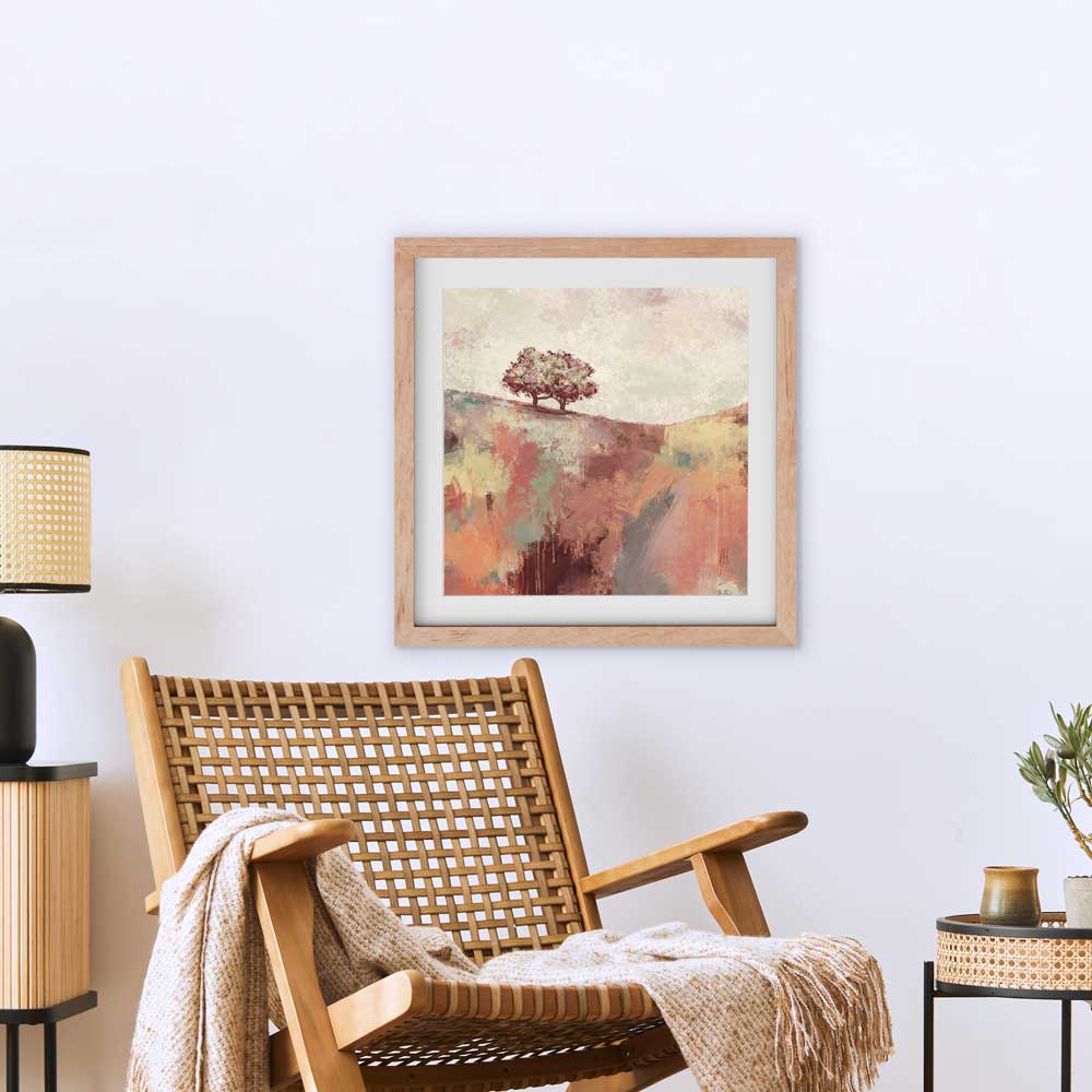Spring Dance I - orange square semi-abstract landscape fine art print by Jayne Leighton Herd. Tree art ideal for living spaces and bedrooms.