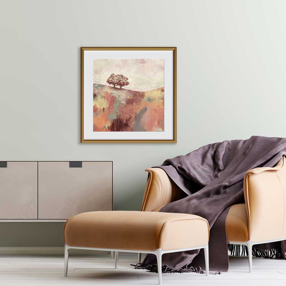 Spring Dance I - orange square semi-abstract landscape fine art print by Jayne Leighton Herd. Beautiful artwork ideal for living rooms.