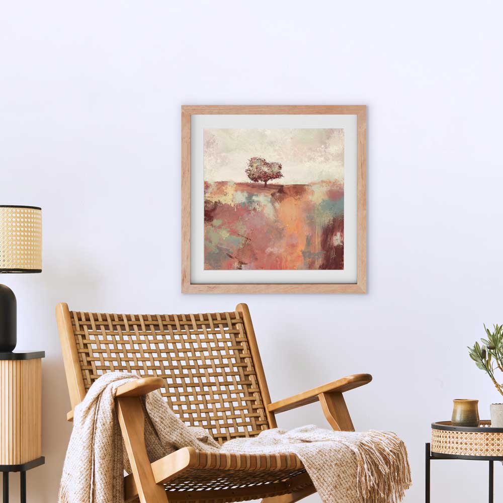 Spring Dance II - orange square semi-abstract landscape fine art print by Jayne Leighton Herd. Tree art ideal for living spaces and bedrooms.