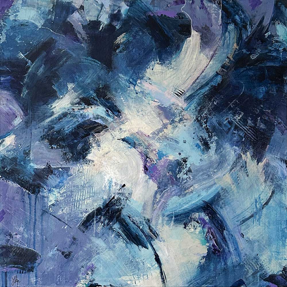 Large square blue abstract painting - The Unexpected Happened by Jayne Leighton Herd