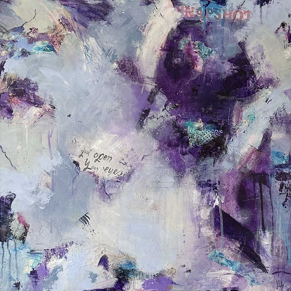 Large square purple urban abstract painting - Clarity by Jayne Leighton Herd