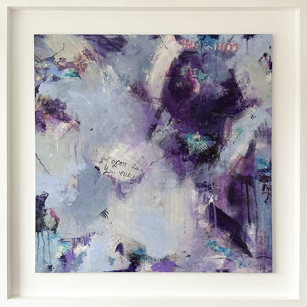 Large framed square purple urban abstract painting - Clarify by Jayne Leighton Herd