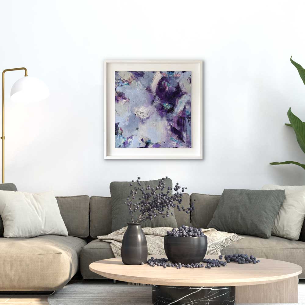 Large square purple urban abstract painting - Clarity by Jayne Leighton Herd. Artwork ideal for living room walls.
