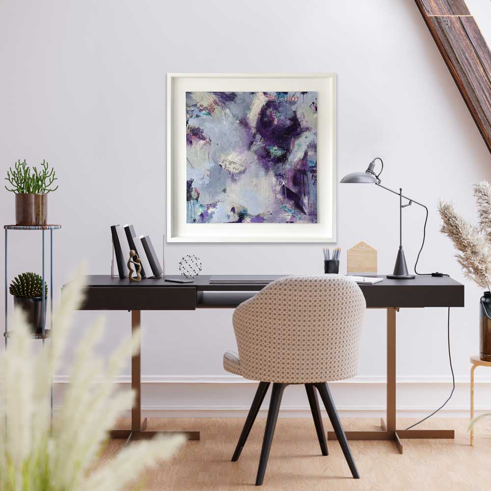 Large square purple urban abstract painting - Clarity by Jayne Leighton Herd. Artwork ideal for office & workspace walls.