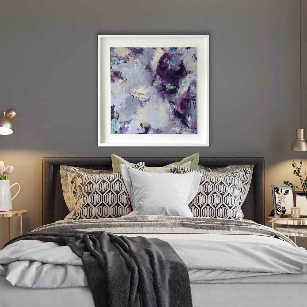 Large square purple urban abstract painting - Clarity by Jayne Leighton Herd. Beautiful artwork for bedroom walls.