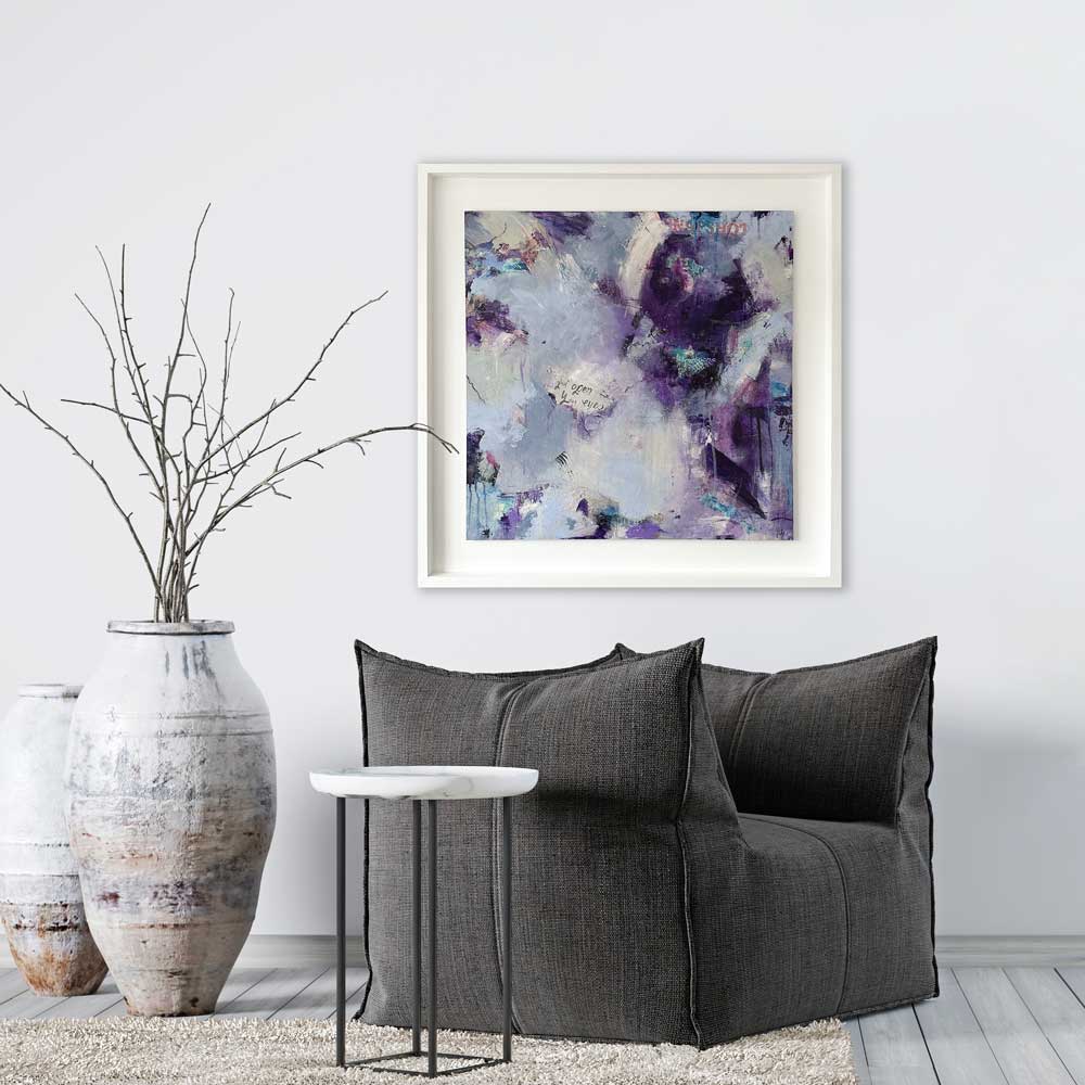 Large square purple urban abstract painting - Clarity by Jayne Leighton Herd. Lovely living room art.
