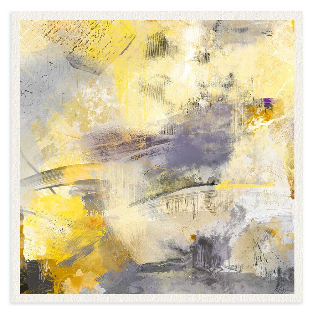 Summer Notes square yellow and grey abstract fine art print by Jayne Leighton Herd. Contemporary abstract wall art with sheet music theme.