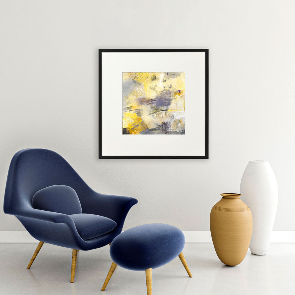 Summer Notes square yellow and grey abstract art print by Jayne Leighton Herd. Artwork for living rooms and offices.