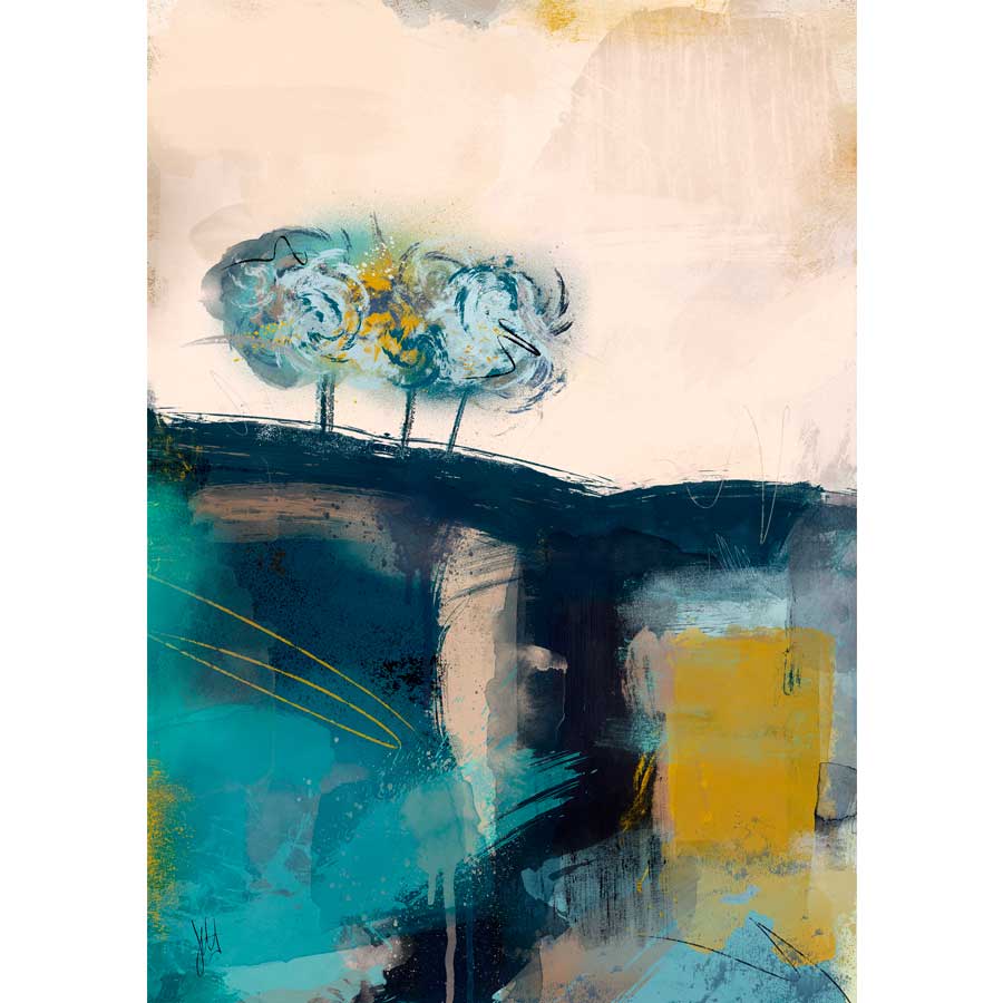 Limited edition turquoise, green & mustard yellow abstract treescape landscape fine art print - Woodland Waltz by Jayne Leighton Herd
