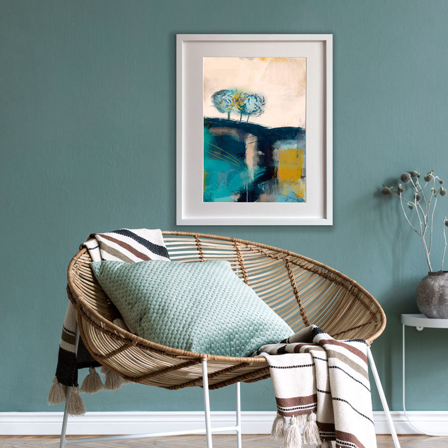 Limited edition turquoise, green & mustard yellow abstract treescape landscape fine art print - Woodland Waltz by Jayne Leighton Herd