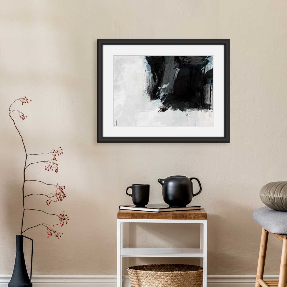 Black & white abstract art print - Contemplation by Jayne Leighton Herd. Monochrome artwork ideal for contemporary minimalist Scandi style offices and homes.