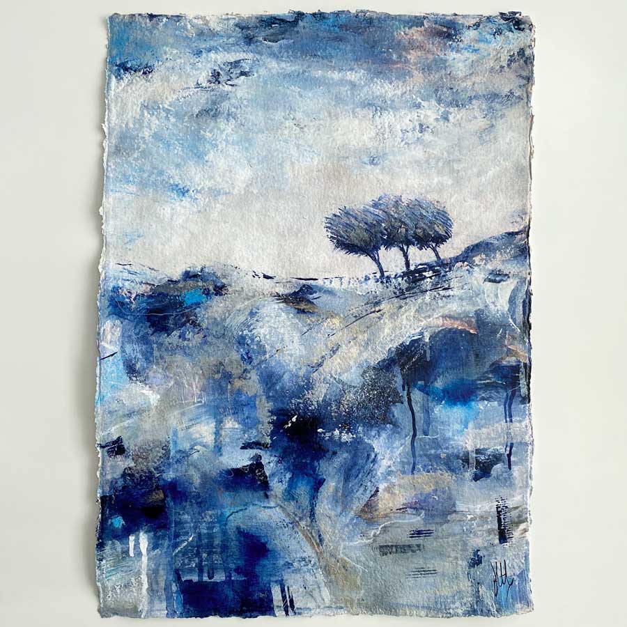 original blue abstract treescape landscape painting - Here Comes The Rain Again by Jayne Leighton Herd