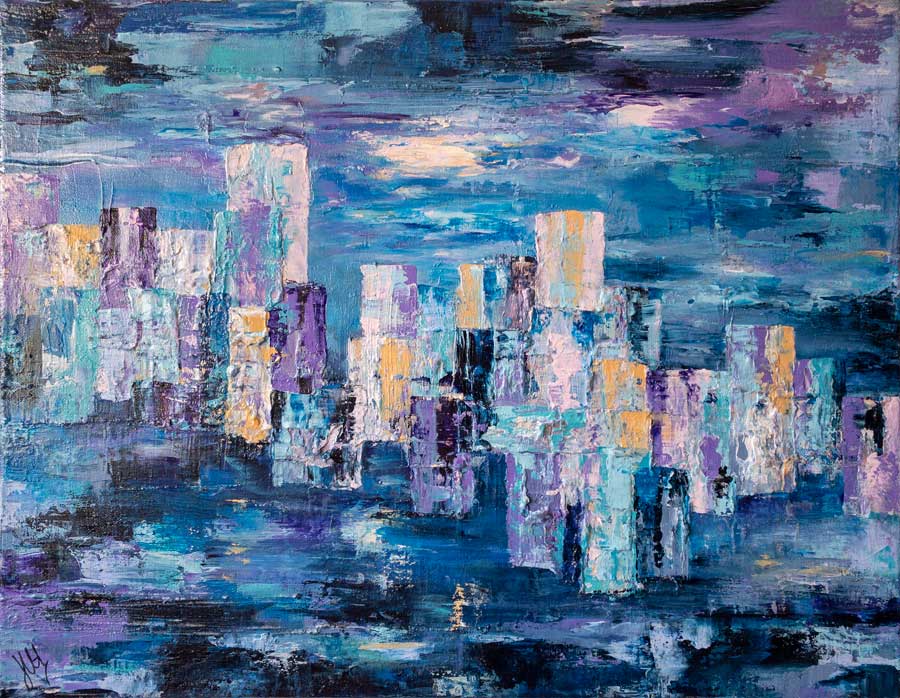 Blue textured abstract cityscape skyline painting on canvas - City Life I by Jayne Leighton Herd