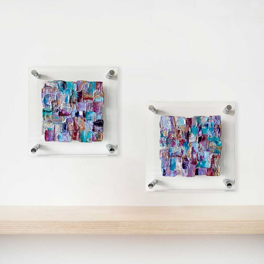 ''Elegance': set of two colourful abstract paintings on clear plexiglass, contemporary art on glass, paintings on perspex glass