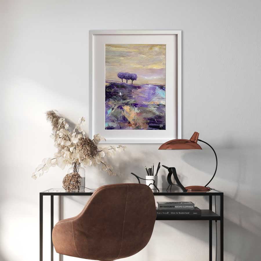 Art for homes & offices - lavender purple & peach orange abstract landscape painting - A Lazy Lavender Day by Jayne Leighton Herd