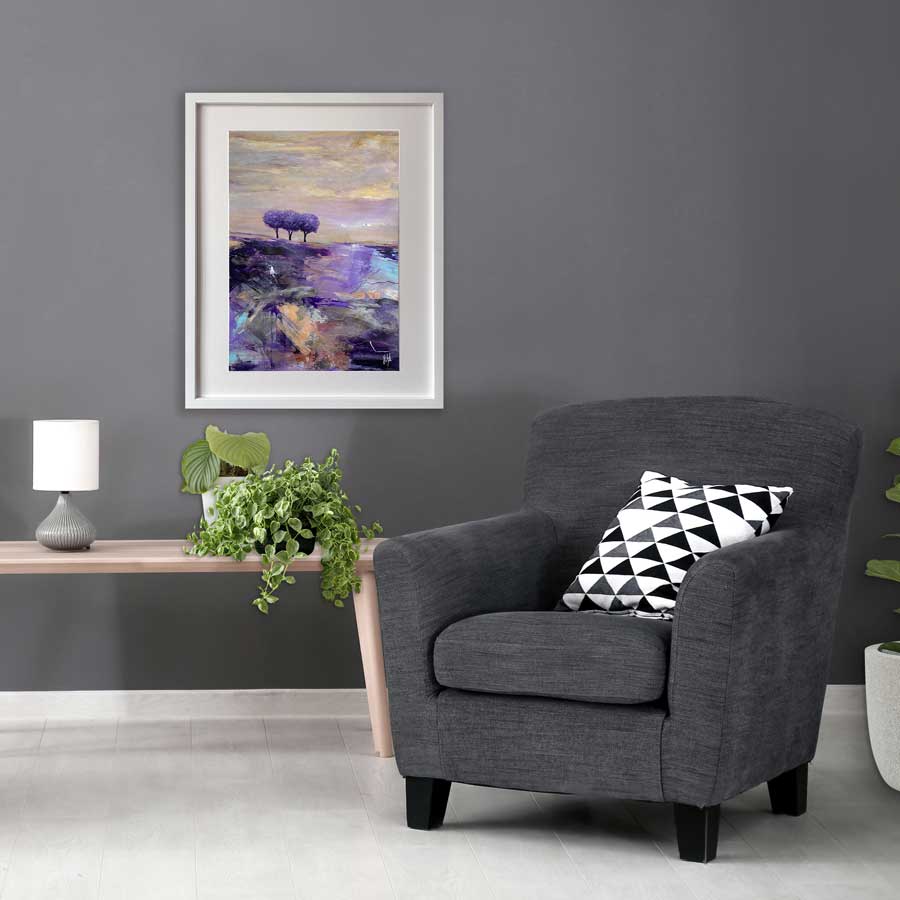 Framed Living room art - original purple & orange treescape landscape painting - A Lazy Lavender Day by Jayne Leighton Herd