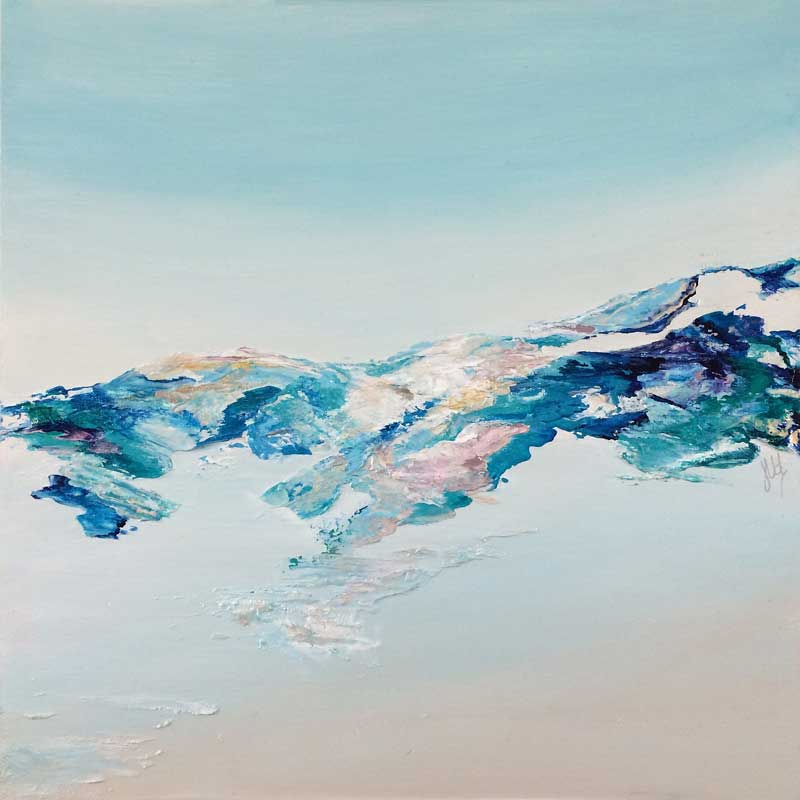 'Tranquillity I': original abstract landscape painting on wood, aerial view, coastline, hills, scotland