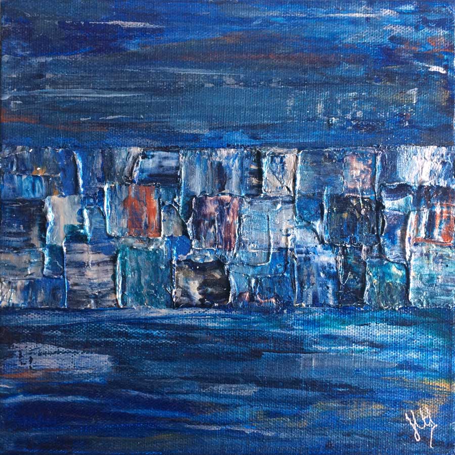'Horizons II' metallic mini abstract cityscape painting on canvas