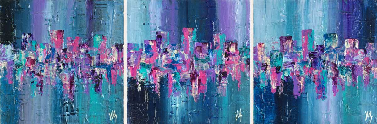 Colouration XXVI-VIII, triptych of small abstract paintings on canvas