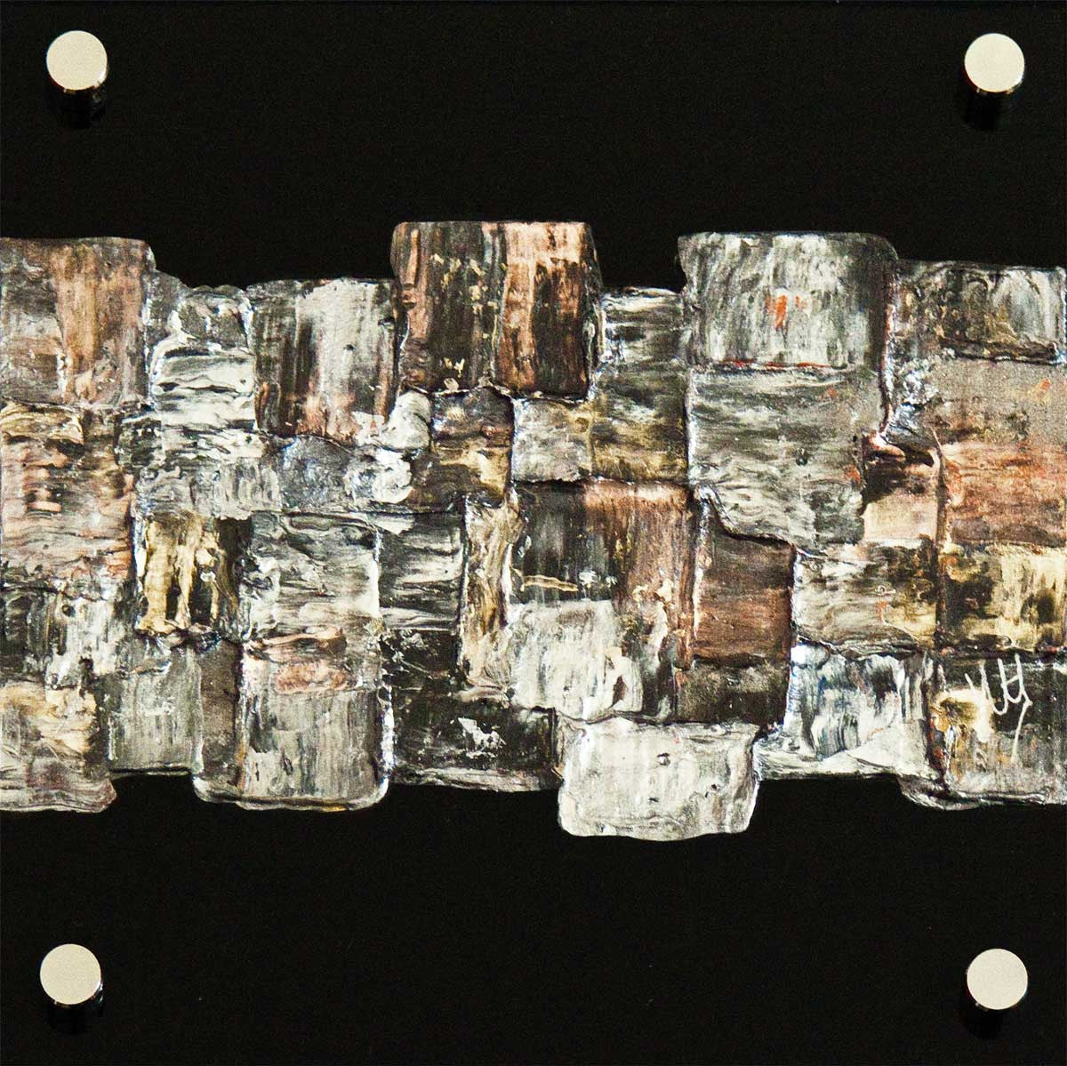 'Interwoven Silver' small abstract art on black perspex