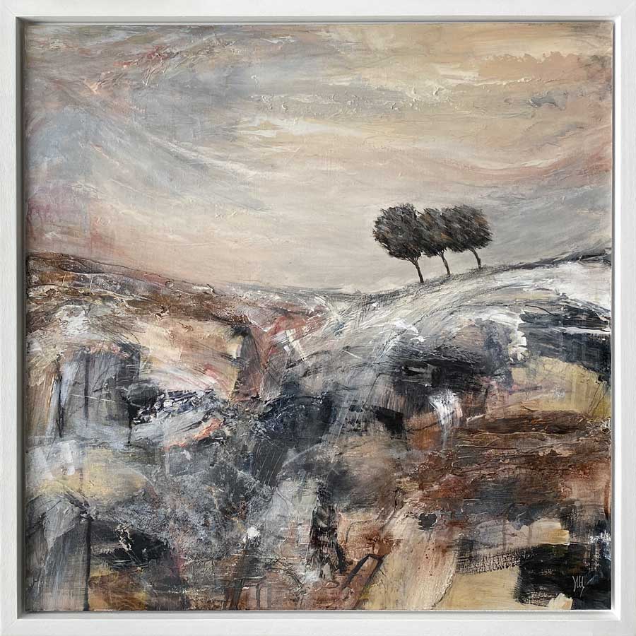 Framed original copper brown silver treescape landscape painting - Winter's Edge by Jayne Leighton Herd