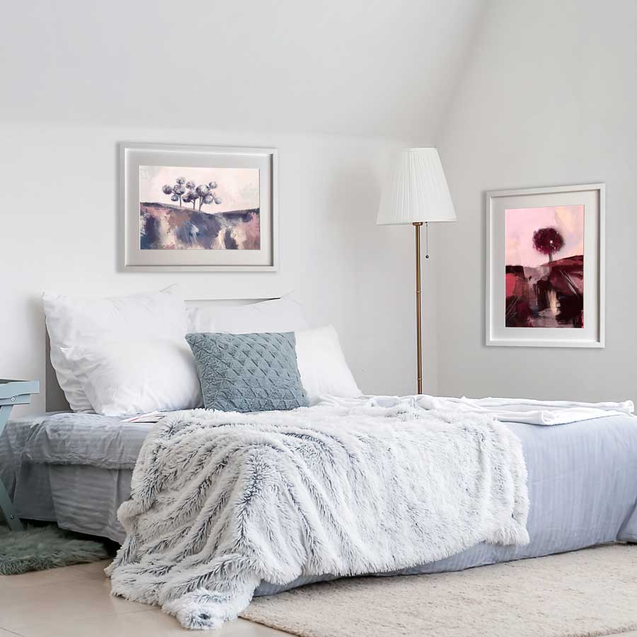 Framed bedroom art - purple & pink original treescape landscape painting - Kiss Me Under the Mistletoe by Jayne Leighton Herd