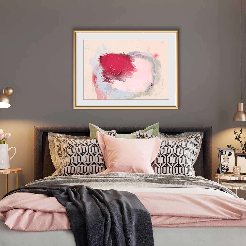 A Sense of Summer fine art print by Jayne Leighton Herd. Vibrant magenta red & pink abstract artwork. Beautiful art for bedrooms, homes and offices.