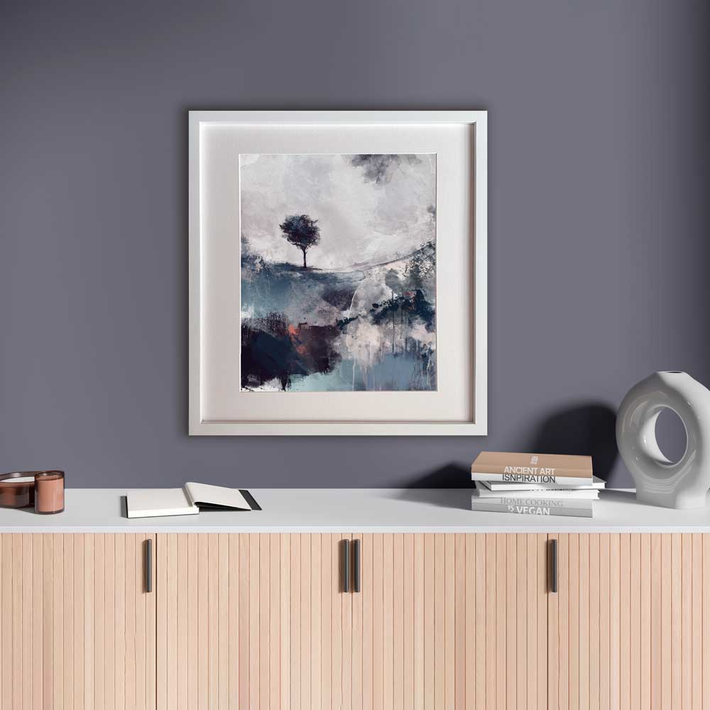 Blue semi-abstract landscape fine art print - Deep Resonance by Jayne Leighton Herd. Artwork perfect for living spaces and offices.